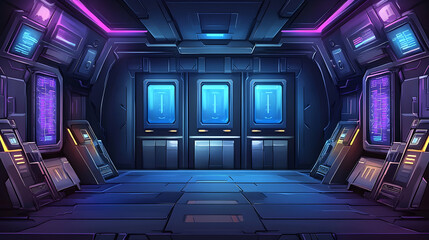 Futuristic Sci-Fi Corridor with Neon Lights, hallway, purple, blue, technology, digital