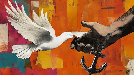 Wall Mural - Modern art collage featuring two hands in a minimalist or pop-art style. One hand is holding a white feathered wing, while the other hand is holding a heavy anchor. Incorporate layered paper 