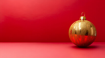 Wall Mural - Red Christmas ball on gold stand against red background.