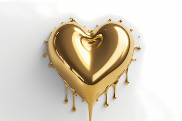 a hyper-realistic 3D image of a melted gold love heart object placed on a pristine white background