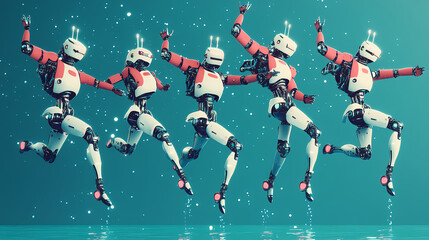 Group of robots performing a synchronized swimming illustration generative ai. Suncrown. Illustration