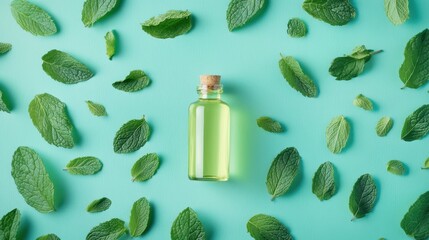 Wall Mural - fresh mint oil and leaves: symbol of natural healing and wellness in aromatherapy
