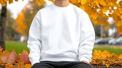 Wall Mural - Person Wearing a White Crew Neck Sweatshirt in an Autumn Park