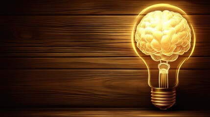 Wall Mural - Illuminated brain inside a light bulb on wooden background