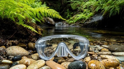 A clear diving mask resting on smooth pebbles by a freshwater spring with green foliage