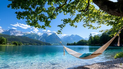 Wall Mural - Relaxing Hammock by a Serene Lake with Mountain Views