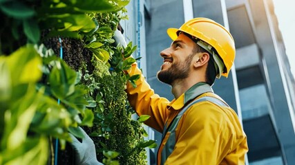 Wall Mural - A man engineer works on carbon-neutral buildings, ensuring sustainable designs for urban development projects