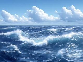 ocean waves under a bright blue sky.