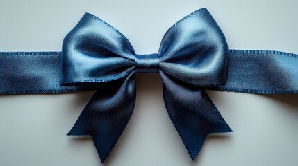 Wall Mural - A close-up of a dark blue satin ribbon tied in a bow on a white background.