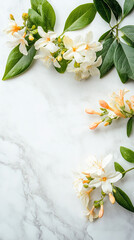 Wall Mural - honeysuckle flowers bouquet over white marble table vertical floral composition