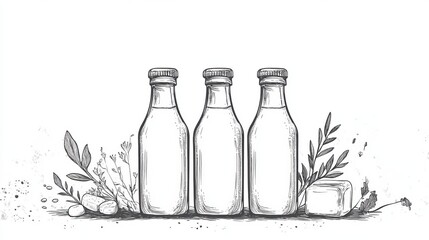 Wall Mural - Three Elegant Bottles of Fresh Milk Surrounded by Olive Leaves Creating a Natural and Refreshing Scene