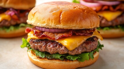 Wall Mural - Delicious Hamburger Topped with Melted Cheese and Crispy Bacon on a Rustic Wooden Table Setting