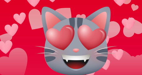 Wall Mural - image of red hearts icons floating and cat on red background