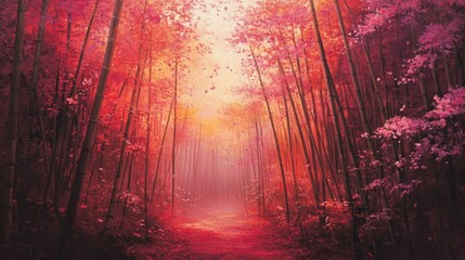 Canvas Print - Bamboo grove with vibrant pink blossoms, surrounded by an enchanting red forest in soft light