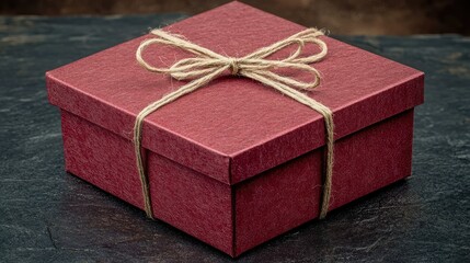 Beautiful red gift box with twine bow, artfully displayed on a dark textured surface