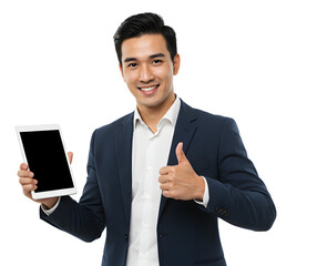 Wall Mural - Attractive businessman smiling, holding a tablet and giving a thumbs up gesture.