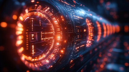 Wall Mural - futuristic digital tunnel: glowing orange and blue technology