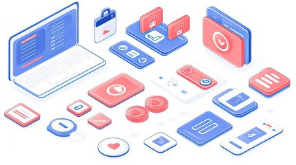 Secure digital interface elements on laptop, phones, and tablets; data privacy, cybersecurity concept; white background; for website design