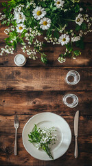 Wall Mural - serving table in spring style fresh flowers top view