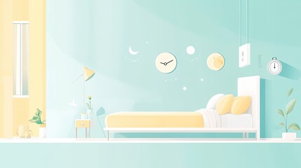 Wall Mural - Serene bedroom interior design, pastel walls, sunlight streaming, minimalist decor, peaceful ambiance, website banner