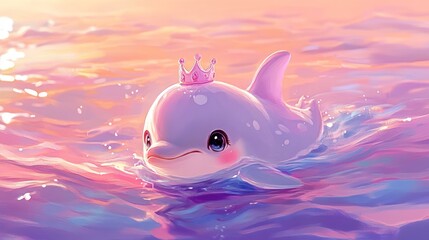 Cute dolphin princess in a dreamy sunset ocean scene.