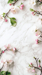 Wall Mural - spring concept with flowers on white marble table vertical floral composition