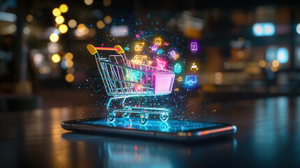 Wall Mural - futuristic holographic shopping cart emerges from smartphone, showcasing vibrant icons of products and services, symbolizing modern shopping