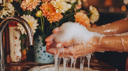 Woman washing hands with soap and water, floral background, hygiene