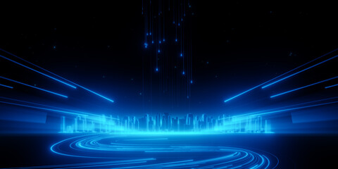 Wall Mural - futuristic city with glowing digital pathways