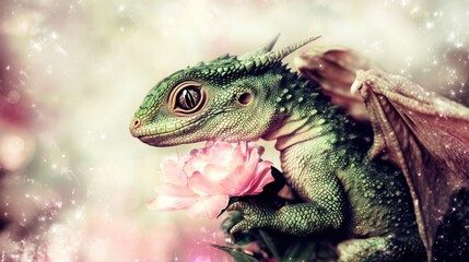 Poster - Cute, fantasy dragon lizard holding a flower in a magical setting.