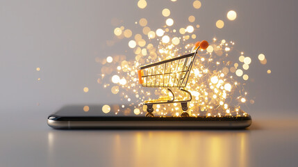 Wall Mural - futuristic shopping cart floats above smartphone, surrounded by glowing sparks, symbolizing modern online shopping