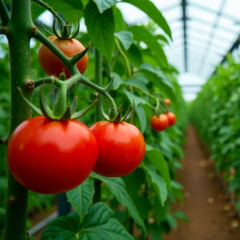 industrial agro-greenhouse with red juicy tomatoes grown on bushes