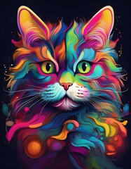 creative bright colorful paint splash portrait of cat with dark background