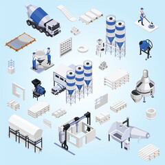set of concrete cement production isometric icons with vehicles people and industrial machines on bl