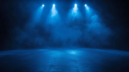 the dark stage shows, empty dark blue scene background, neon light, and spotlights the asphalt floor