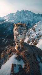 Wall Mural - a snow leopard gracefully walking on a rocky mountain ridge