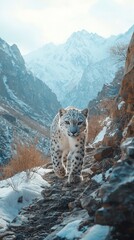 Wall Mural - a snow leopard gracefully walking on a rocky mountain ridge