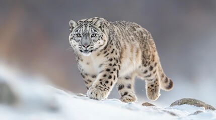 Wall Mural - a snow leopard gracefully walking on a rocky mountain ridge