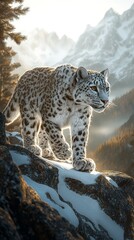 Wall Mural - a snow leopard gracefully walking on a rocky mountain ridge