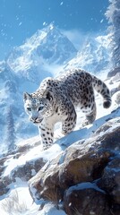 Wall Mural - a snow leopard gracefully walking on a rocky mountain ridge