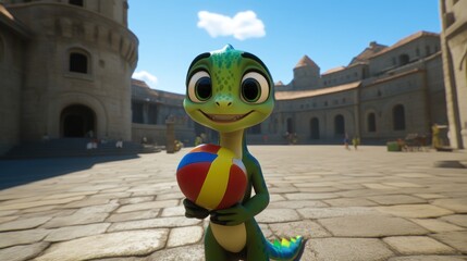 Wall Mural - Cute lizard character holding a ball in a city square.