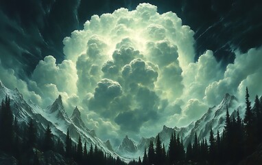 Wall Mural - Glowing cloud over mountain range.