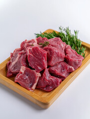 Raw cow meat served on wooden tray with herbs and spices on white table