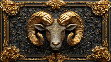 Poster - 3D ram design with intricate details and golden textures, showcasing majestic ram head surrounded by ornate floral patterns, evoking sense of elegance and artistry