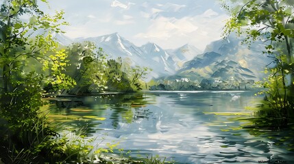 Wall Mural - A serene oil painting of a tranquil lake surrounded by lush green trees and distant mountains, beautifully detailed with rich brushstrokes, set against a plain white background. 8k UHD, suitable 