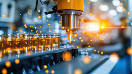 Leinwandbilder - Automated machinery spraying liquid in factory setting, showcasing advanced technology and precision. scene is vibrant with glowing particles, emphasizing innovation