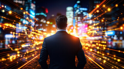 Aufkleber - businessman standing at edge of digital bridge, gazing at vibrant cityscape filled with lights and energy. scene conveys sense of innovation and opportunity