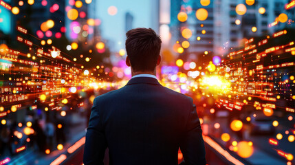 Aufkleber - businessman standing at edge of digital bridge, surrounded by vibrant lights and data streams, symbolizing innovation and technology
