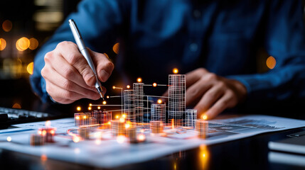 Fototapete - professional engineer designing prototype with data visualization, graphs, and charts. scene captures innovation and technology in modern workspace