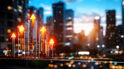 Aufkleber - city skyline with upward arrows symbolizing growth and progress, showcasing vibrant urban environment at sunset. scene conveys optimism and potential for development